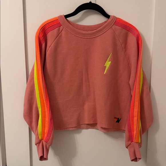 Aviator Nation Sweaters - Aviator Nation Pink Cropped Crewneck Sweatshirt with Neon Stripe Detail